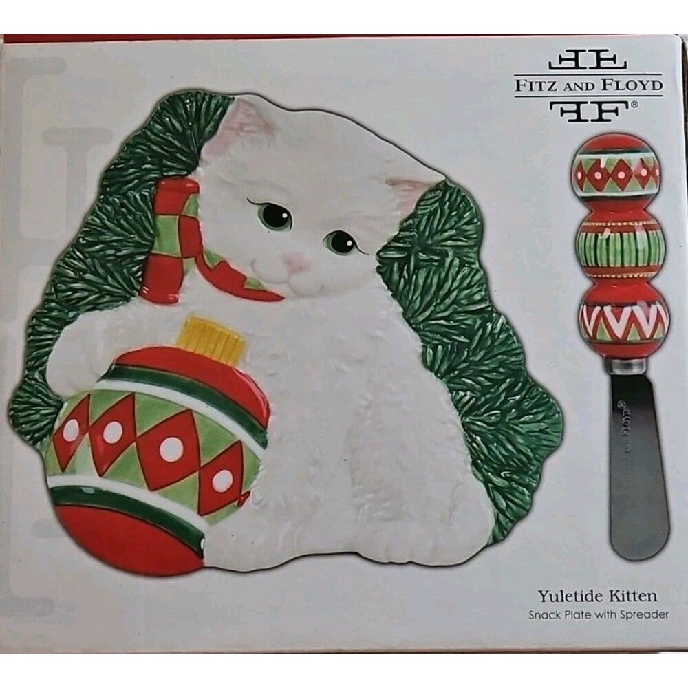 Fitz And Floyd Yuletide Kitten Snack Plate With Spreader 2008 NEW IN BOX